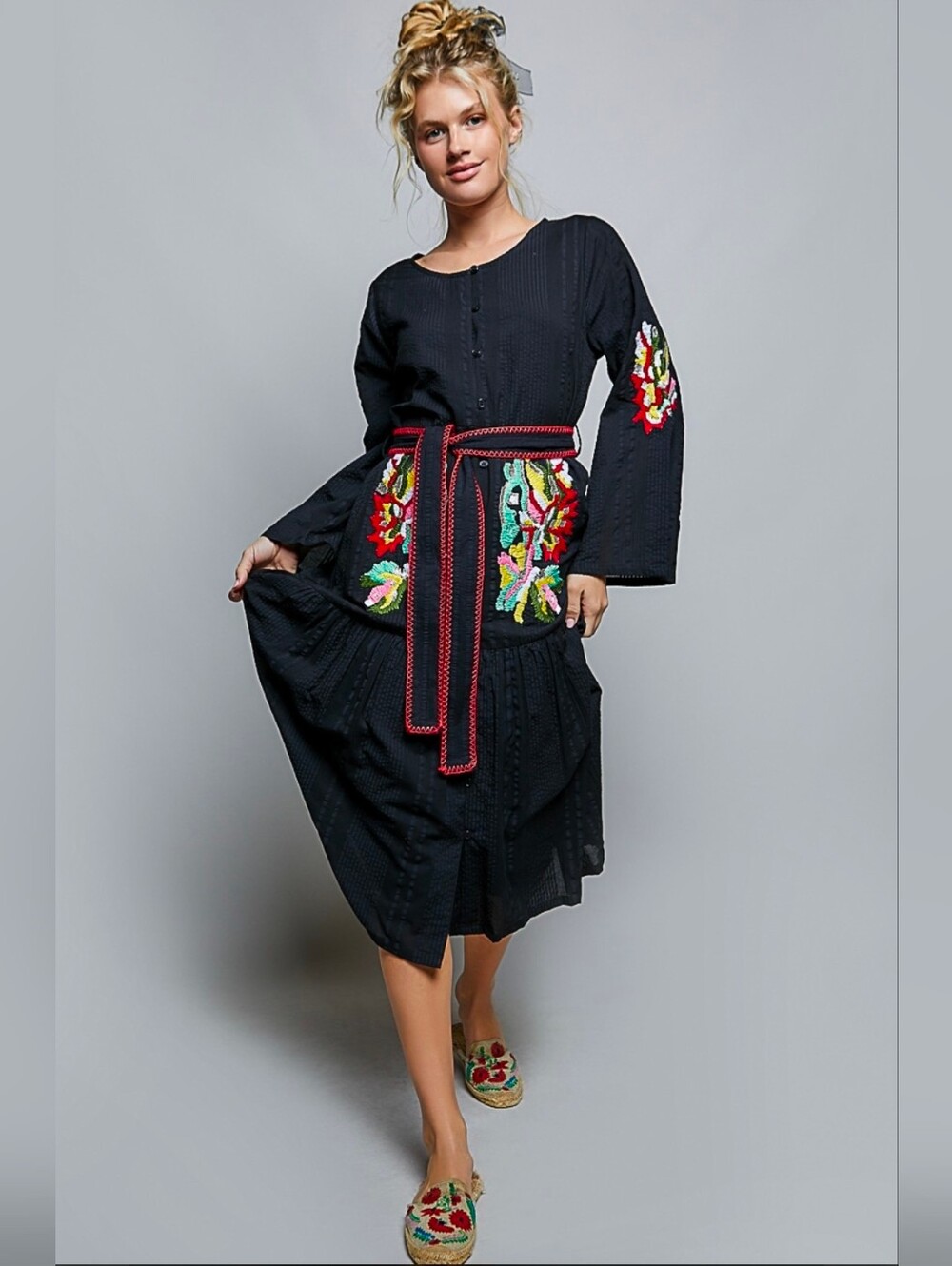 NEW!!! POL Embroidered Black Maxi Dress with Belt, NWT